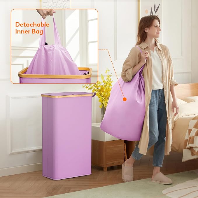 Lifewit 65L Slim Laundry Hamper with Lid, Narrow Laundry Basket with Removable Bag & Bamboo Handles, Fodable Thin Dirty Clothes Hamper for Laundry Collapsible Bin for Bathroom Bedroom Dorm, Purple - Image 4