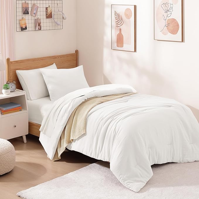 WRENSONGE Twin Comforter Set- 5 Pieces White Twin Bed in a Bag, All Season Twin XL Bedding Sets with 1 Fitted Sheet, 1 Flat Sheet, 1 Pillow Sham and 1 Pillowcase
