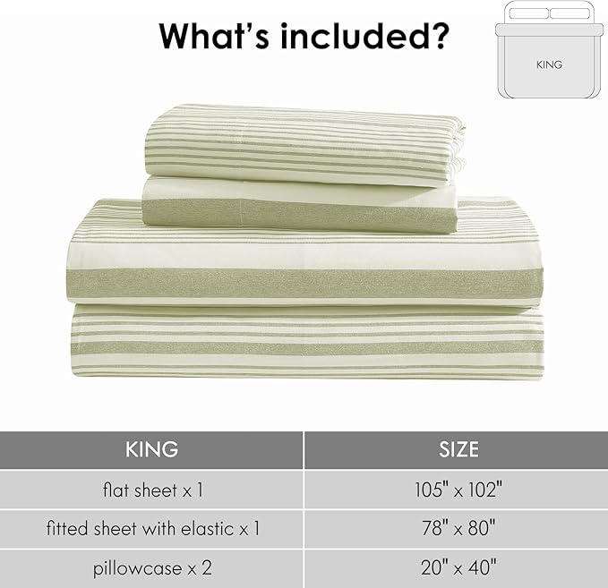 ClevaHome Classic Stripe Sheet Set - 4 Pieces Super Soft & Breathable Bed Sheet Set with Deep Pocket, Enhanced Comfort & Easy Care (King, Sage Stripe)