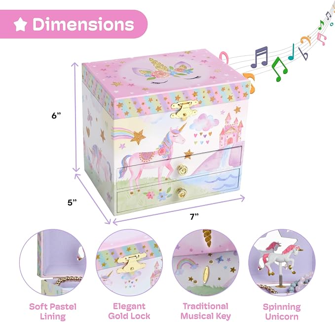 Jewelkeeper Enchanting Unicorn Musical Jewelry Box for Girls - Sparkling Rainbow Design Music Box with 2 Pullout Drawers to Store Earrings, Necklace and Bracelets - Plays The Beautiful Dreamer Tune - Image 3
