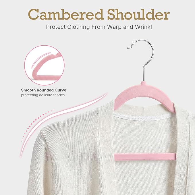 HOUSE DAY Lt Pink Velvet Hangers 60 Pack, Non Slip Clothes Felt Hanger Heavy Duty for Coat, Premium Slim Space Saving Suit Hangers for Closet Organizer, 360° Rotating Silver Hook - Image 3