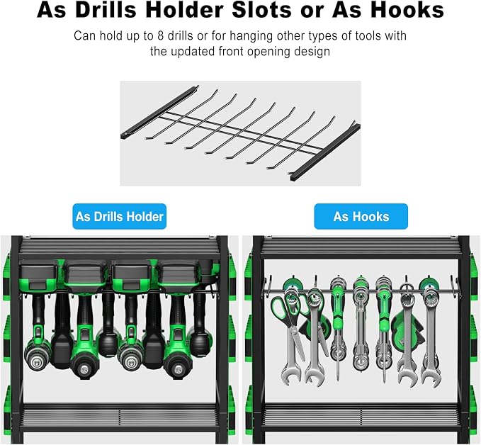 JUNNUJ Large Power Tool Organizer Cart with Charging Station, Garage Floor Standing Rolling Drill and Tools Battery Storage Cart on Wheels, Heavy Duty Rack Shelf with 8 Outlet 10 FT Power Strip, Green - Image 4