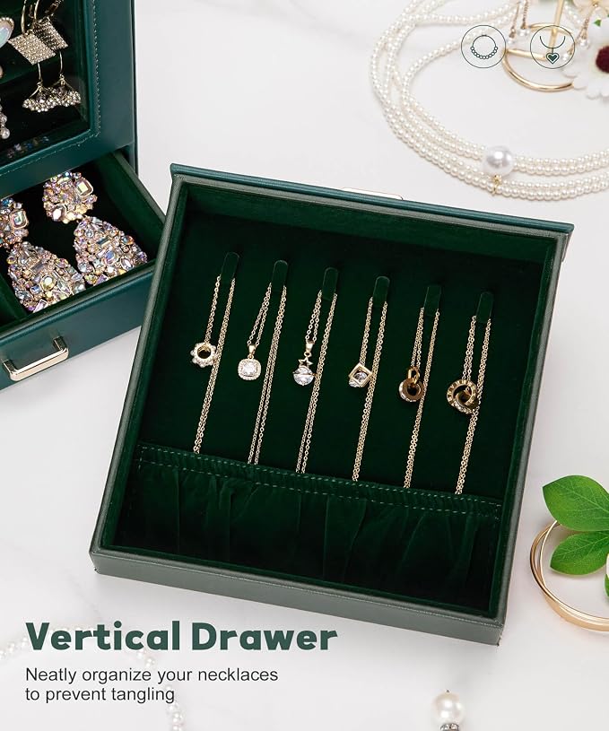 Homde Mothers Day Gifts Jewelry Organizer Girls Women Jewelry Box for Necklaces Rings Earrings Gift Bracelets Storage Case (Forest Green + Gold) - Image 5
