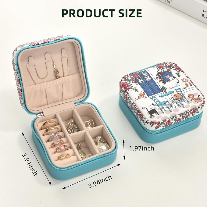 shunmei Mini Travel Jewelry Box,PU Leather Portable Jewelry Organizer Case,Art Accessories Storage Holder Boxes for Earring, Necklace, Rings, Bracelets (Six Cats) - Image 3