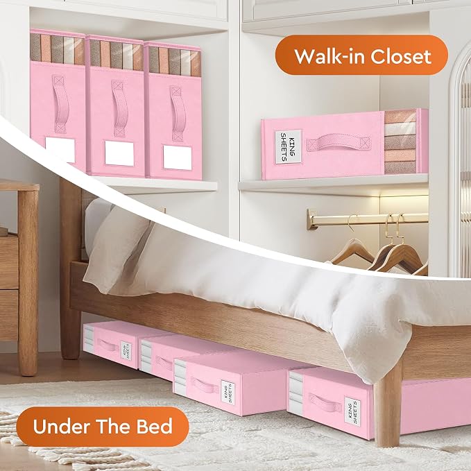 StorageTastic 4 Pack Bed Sheet Closet Organizers and Storage,Sturdy Foldable Storage Containers with Window and Label,Storage and Organization for Bedding Sheets,Duvet Covers,Blankets (Pink) - Image 6