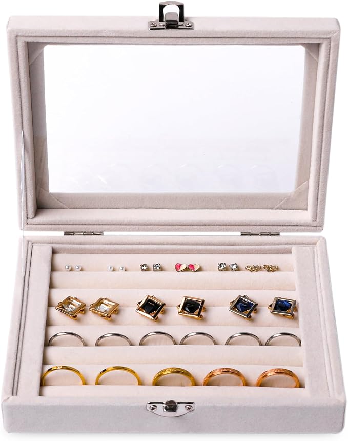 Frebeauty Rings/Earring Organizer Tray with Clear Lid,7 Slots Ring Box Velvet Ring Holder Drawer Insert Jewelry Storage Box Jewelry Display Case Jewelry Box Gift for Women and Girls(Beige,7 Slots) - Image 2