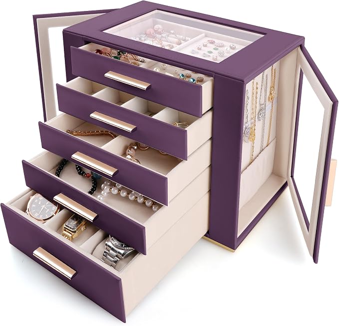 Homeanda Jewelry Box for Women with Glass Lid, 5 Drawers Jewelry Organizer and Storage for Necklaces, Rings, Earrings, Bracelets, Gift for Girls and Teens,PU Leather (Purple) by Homeanda