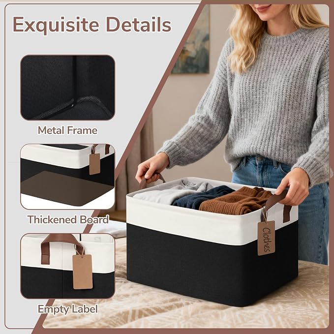 CHICVITA 4 Pack Large Storage Baskets for Shelves, Collapsible Fabric Storage Bins with Metal Frame Handles, Decorative Closet Organizers Bins for Toys, 16.8" x 11" x 9.8", Black & White - Image 5