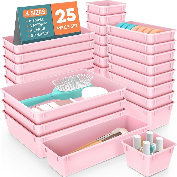 SpaceHacks 25 PCS Plastic Drawer Organizer Set, 4-Size Versatile Organizer Trays & Storage Bins for Makeup, Jewelry, and Gadgets in Bathroom, Bedroom and Office, Pink by SpaceHacks