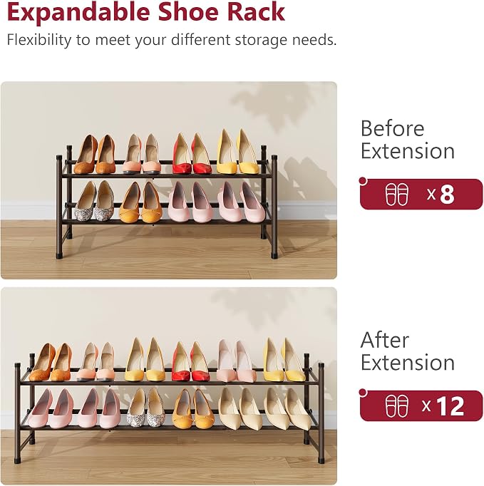 Tajsoon 2 Tier Expandable Shoe Rack for Closet, 28“-41“Adjustable & Stackable Shoe Shelf Storage, Metal Shoe Rack Organizer for Front Door Entrance, Closet, Garage, Entryway, Bronze - Image 7