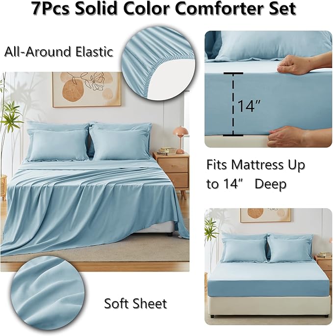 CozyLux King Size Comforter Set Light Blue, 7 Pieces Bed in a Bag King Comforter Set with Sheets, Luxury Bedding Sets with Down Alternative Comforter, Fitted Sheet, Flat Sheet, Pillowcases & Shams