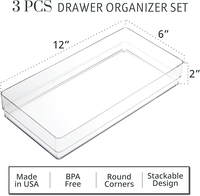 STORi SimpleSort 3-Piece Stackable Clear Drawer Organizer Set | 12" x 6" x 2" Rectangle Trays | Wide Makeup Vanity Storage Bins and Office Desk Drawer Dividers | Made in USA - Image 2