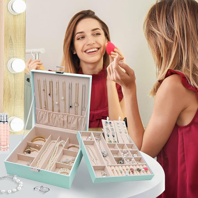 ProCase Jewelry Box for Women, 2 Layers Large Leather Jewelry Organizer Storage Case with Removable Pad for Earrings -Mint - Image 6