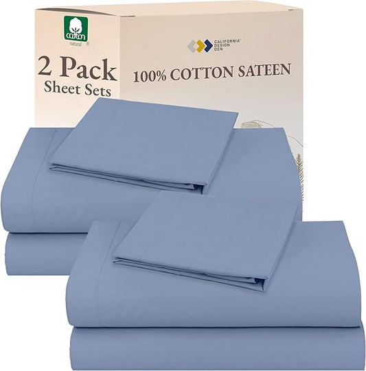 California Design Den 100% Cotton 2-Pack Twin XL Sheet Sets, Soft & Durable Twin Extra Long Sheets with 12" Pockets, Twin XL Sheets with Sateen Sheets (Blue Hydrangea)
