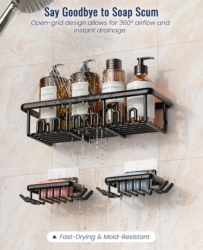 8 Pack Adhesive Rustproof Shower Shelves with Soap Dishes, Toothbrush Holder & Hooks, Large Capacity No-Drilling Shower Shelves Rack for Bathroom Organizers and Storage Accessories, Black - Image 5