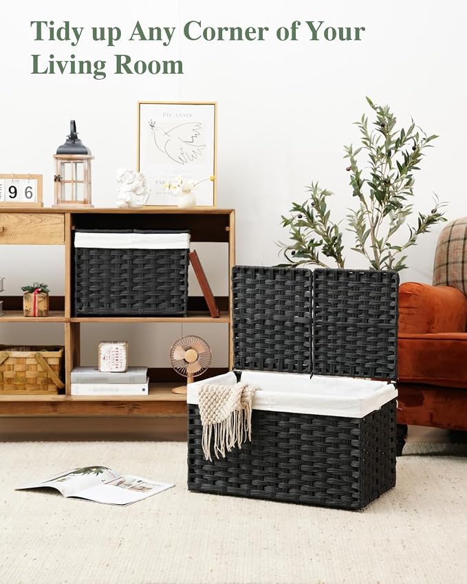 SETVSON Storage Basket with Lid Rattan Woven Storage Baskets with 2 Separate Lids, 17.2 Gallon (65 L), Wicker Storage Bins Foldable, 2 Removable Liner Bags Handles for Bedroom, Laundry Room Black - Image 5