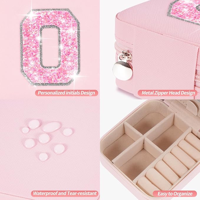 Uygafly Personalized Jewelry Case for Women Girls - Fashion Mini Jewelry Boxes - Trendy Travel Jewelry Organizer with Initials Letter - Teen Gifts | Pink,O - Image 4