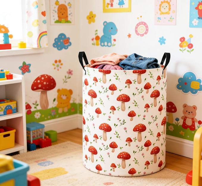 Baby Laundry Basket Baby Nursery Hamper Kids Laundry Basket Toy Storage Bin for Boys Room Decor Gift Baskets for Bedroom Bathroom(Mushroom) - Image 6