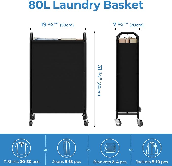GRANNY SAYS 80L Slim Laundry Hamper with Silent Brake Wheels, Sturdy Metal Frame & Handle, Rolling Laundry Basket for Laundry Room, Bedroom, Bathroom, or RV – Great for Singles or Couples, Black - Image 2