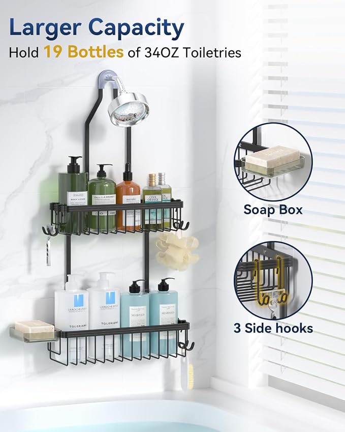 YASONIC Shower Caddy Hanging, Never Rust Shower Organizer Hanging, Aluminum Shower Racks for Inside Shower with Hooks for Razor, Bathroom Organizers and Storage with Soap Holder, Black - Image 3