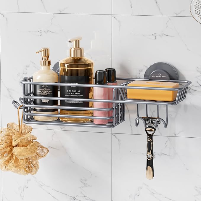 LEVERLOC Shower Caddy Suction Cup, Heavy Duty Bathroom Organizer for Inside Shower with Hooks & Soap Holder， NO-Drilling Bathroom Shower Holder-Grey by LEVERLOC