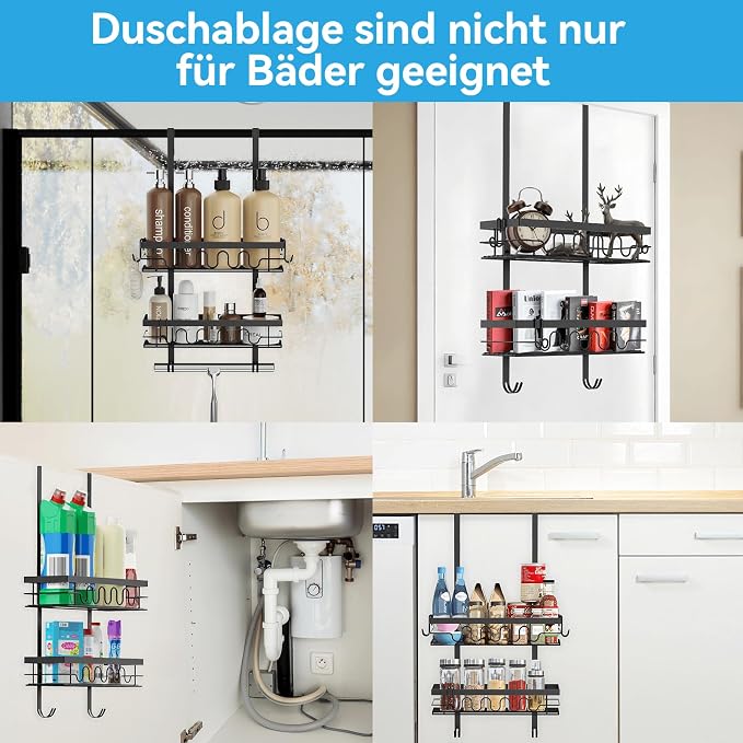 Over the Door Shower Caddy Hanging, 3-in-1 Rustproof Shower Organizer for Glass Door, No Drilling Shower Shelves with 4+3 Hooks, Wave Design, Stable, Adjustable Suitable for Kitchen/Bathroom/Balcony - Image 7