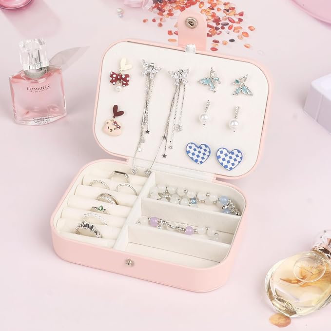 Travel Jewelry Case for Women Girls,PU Leather Small Travel Box Organizer, 6.3x4.3,Pink,1Pack - Image 3