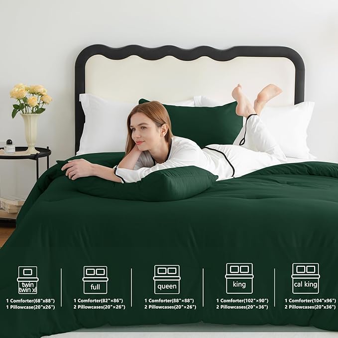 CozyLux Full Size Comforter Set Emerald Green, 3 Pieces Solid Breathable Quilted Bedding Sets, Luxury Lightweight Soft Bed Set with Down Alternative Comforter and 2 Pillowcases for All Seasons