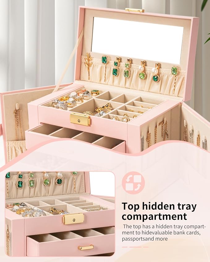 AKOZLIN Large 4-Tier Jewelry Box Leather Jewelry Storage Organizer with 3 Drawers Lockable for Women Girls Ring Necklace Earring Bracelet Watches Holder with Mirror Pink - Image 4