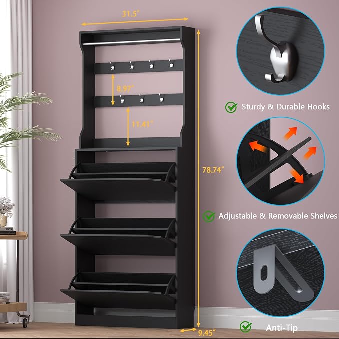 BORNOON Shoe Cabinet with 3 Flip Drawers & Coat Rack, Narrow Hidden Shoe Storage Cabinet, 2-in-1 Hall Tree Slim Freestanding Shoe Rack Organizer for Entryway, Hallway, and Living Room - Image 2
