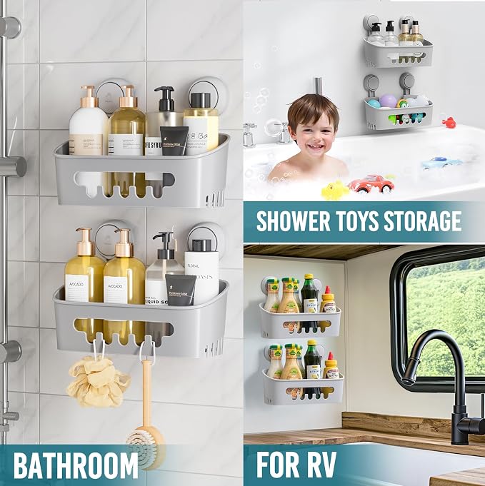 TAILI Shower Caddy Suction Cup 2 Pack, Heavy Duty Bathroom Organizer, Removable Shelves for Inside Shower, Shampoo, Waterproof Suction Plastic Storage for Bathroom Accessories Holder, Gray - Image 5
