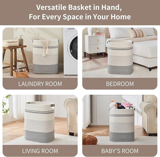 AINUOQI Laundry Basket with Handles - Blanket Basket & Hampers for Bedroom Aesthetic, Laundry Hamper & Blanket Storage for Living Room, Clothes Hamper, Tall, Large 17" x 14" x 22”, Grey & White - Image 3