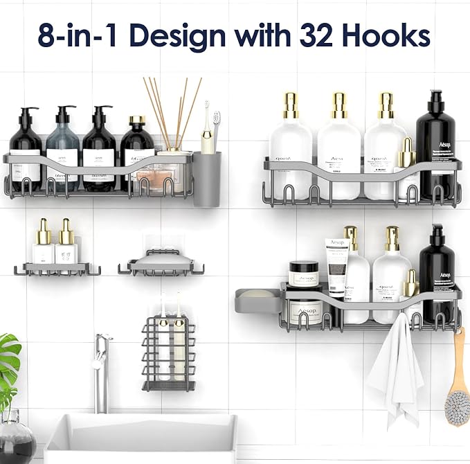 NESOMI Shower Caddy Adhesive Shower Organizer 8-Pack, Rustproof Stainless Steel Bathroom Shelves, Large Capacity No-Drill Rack Storage Accessories with Soap Dish Toothbrush Holder Hooks - Image 4