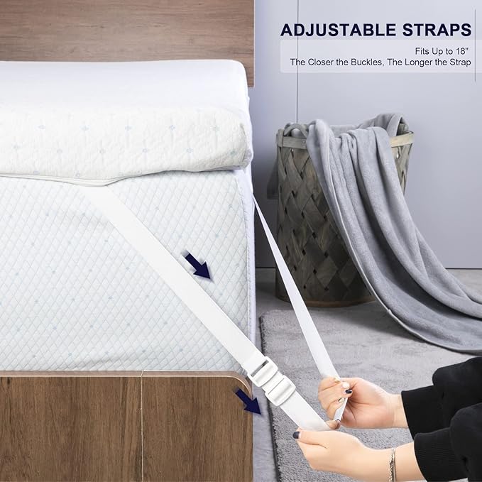 Ferlizer 3 Inch King Mattress Topper Protector Cover, Oeko-Tex Certified, Bamboo Zippered Cover for Mattress Topper, Adjustable Straps & Anti-Slip Silicone Bottom, Removable & Washable - Cover Only
