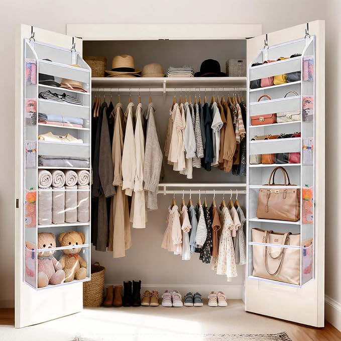 5 Tiers Over Door Organizer with 10 Mesh Side Pockets, 44 lbs Weight Capacity Hanging Storage Organizer with Clear Window Kids Toys, Shoes, Diapers, Light Gray - Image 6