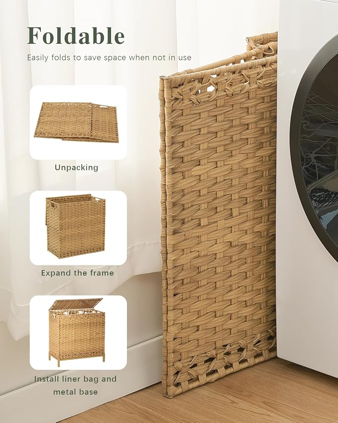 SETVSON Laundry Hamper with Lid 132 L, (35 Gallons) Clothes Hamper with Lid, Handwoven Rattan Laundry Hamper with Metal Heightened Feet, Laundry Hampers with 3 Removable Liner Bags for Laundry-Natural - Image 7