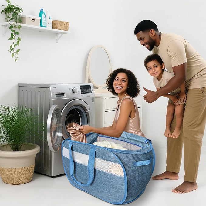 Upgraded 100L Extra Large Mesh Pop Up Laundry Hamper with Lid and Handles. XL Closet Storage Bins, Dirty Clothes Basket for Dorm Home, Foldable Laundry Basket. Blue. H - Image 2