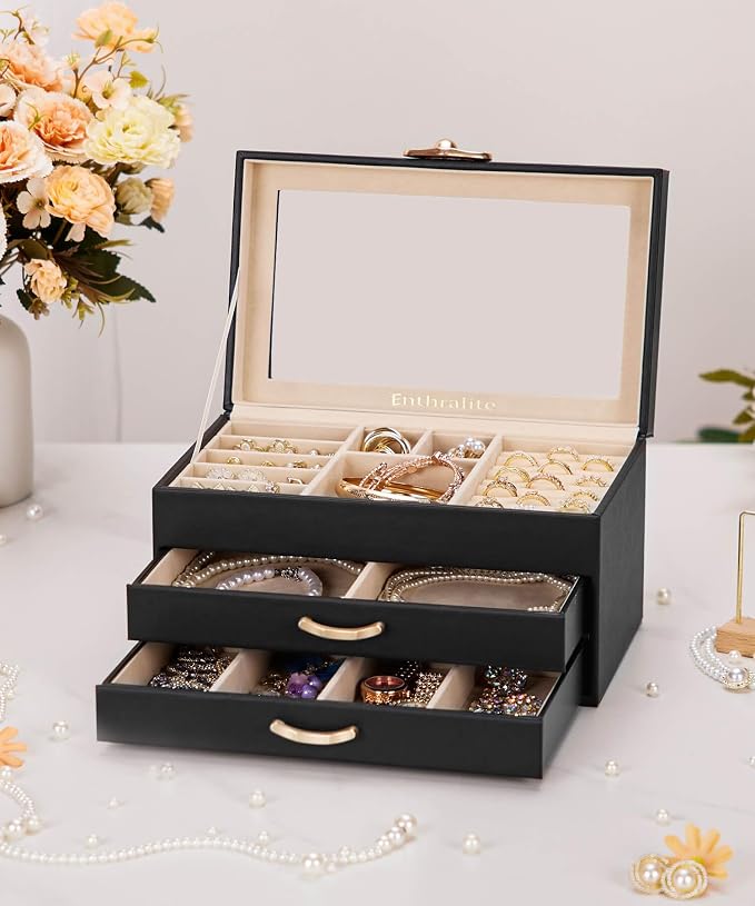 Enthralite Jewelry Box with 2 Drawers : Jewelry Display Organizer for Earrings Necklaces - Gift for Girls Women | Black - Image 7