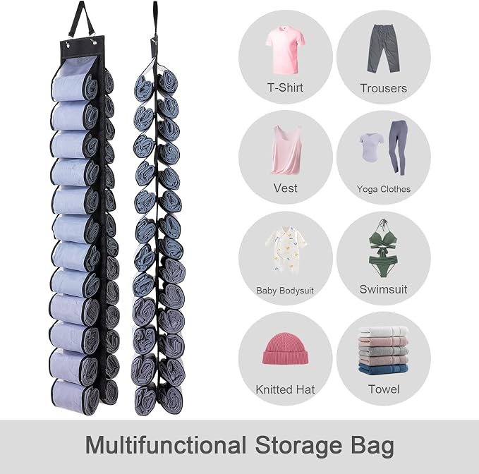 DHSFKBE Legging Organizer Storage - 2PCS T Shirt Organizer, Hanging Closet Organizers and Storage with 26 Roll Independent Compartments for Yoga Pants, Towel, Bathing Suit (Black) - Image 3