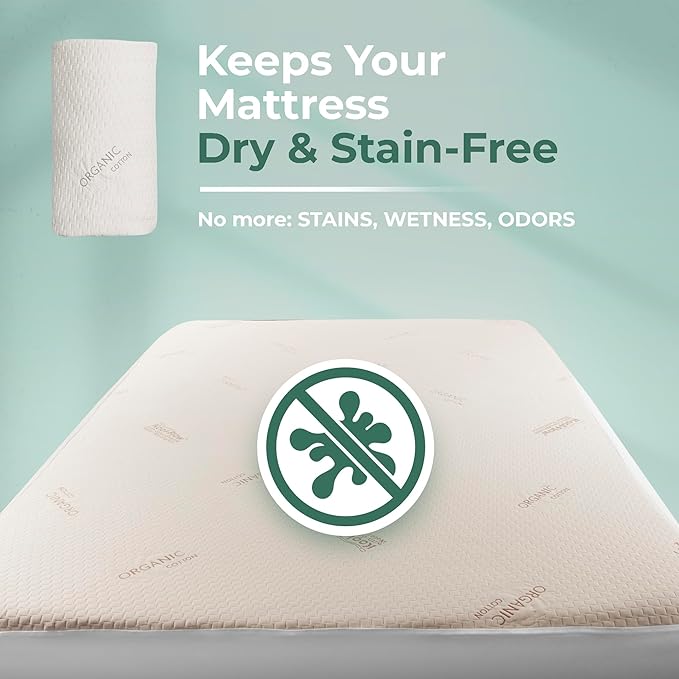 Memory Foam Mattress Protector – Organic Cotton with Eco-Friendly Greenshield Water Resistance – Kool-Flow Breathable Stretch Fabric – All USA Made – Best for Plush Beds – Full