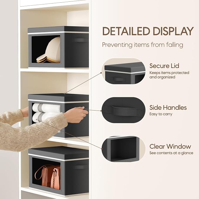 Homsorout Storage Bins with Lids - Small Fabric Organizers with Window, Collapsible Storage Bins for Clothes, Decorative Closet Organizers for Towels, Tshirt, 4 Pack, Dark Grey - Image 6
