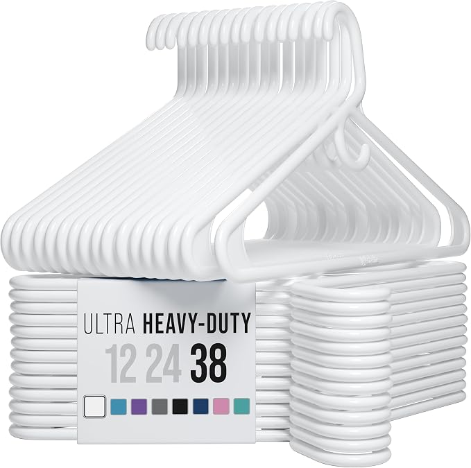 NEATERIZE Thick Heavy Duty Hangers - White Plastic Clothes Hangers 38 Pack - Great for Coat Hanger, Jackets Jeans & Suit Hanger for Closet - New Apartment Essentials Percheros Ganchos para Colgar Ropa by Neaterize