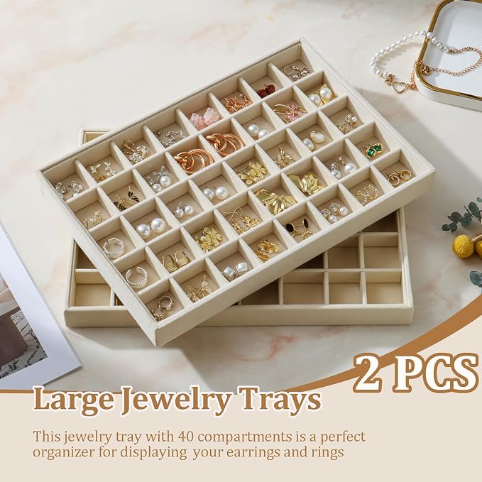 Large Velvet Jewelry Tray 2 Pack Stackable Jewelry Display Drawer Inserts Trays Organizer for Earring Bracelet Necklace Ring (Beige, 40 Grids) - Image 2