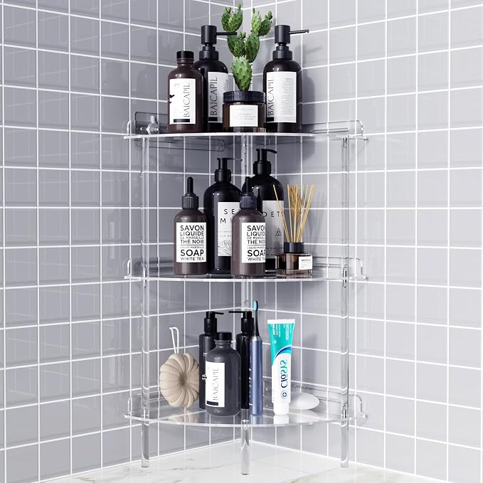 Bakzon Corner Shower Caddy, 3 Tier Acrylic Shower Organizer Corner for Inside Shower, Rustproof Floor Standing Shower Shelves for Bathroom, Clear by BAKZON