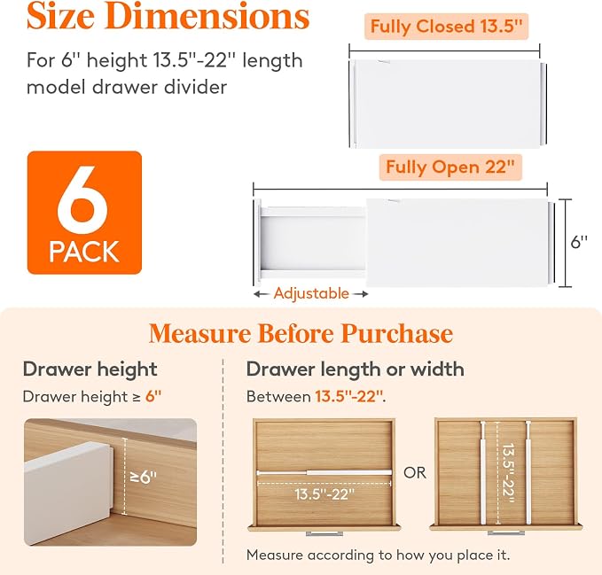 Lifewit 6 Pack 6" High Drawer Dividers 34-56cm/13.5-22" Adjustable Drawer Organizer for Clothes/Utensils, Expandable Drawer Separator in Dresser/Kitchen/Bedroom/Office Organization & Storage White - Image 2