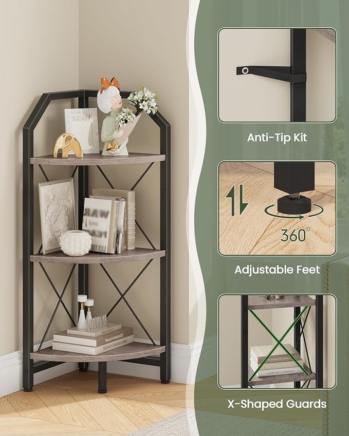 CHOEZON 3-Tier Corner Shelf, Industrial Corner Bookshelf, 35.4" Storage Stand, Plant Stand Display Shelf, Bookcase for Bedroom, Living Room, Home Office, Greige and Black TCJ03BG - Image 4