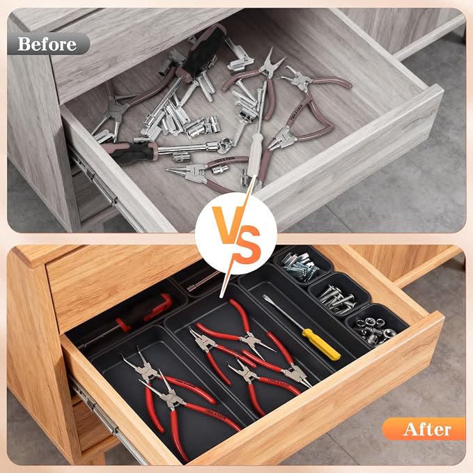 8PCS Plastic Interlocking Drawer Organizer, 3 Sizes Versatile Desk Drawer Organizer Trays, Drawer Dividers, Organization and Storage Bins for Tools, Office, Jewelries, Kitchen Utensils and Makeup - Image 3