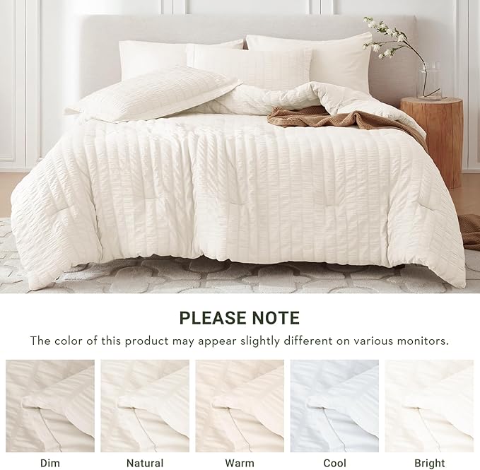MUXHOMO 5 Pieces Twin XL Comforter Set, Seersucker Bed in a Bag Twin XL Size, All Season Luxury Bedding Set with Comforter, Flat Sheet, Fitted Sheet, Pillowcase & Sham, Ivory