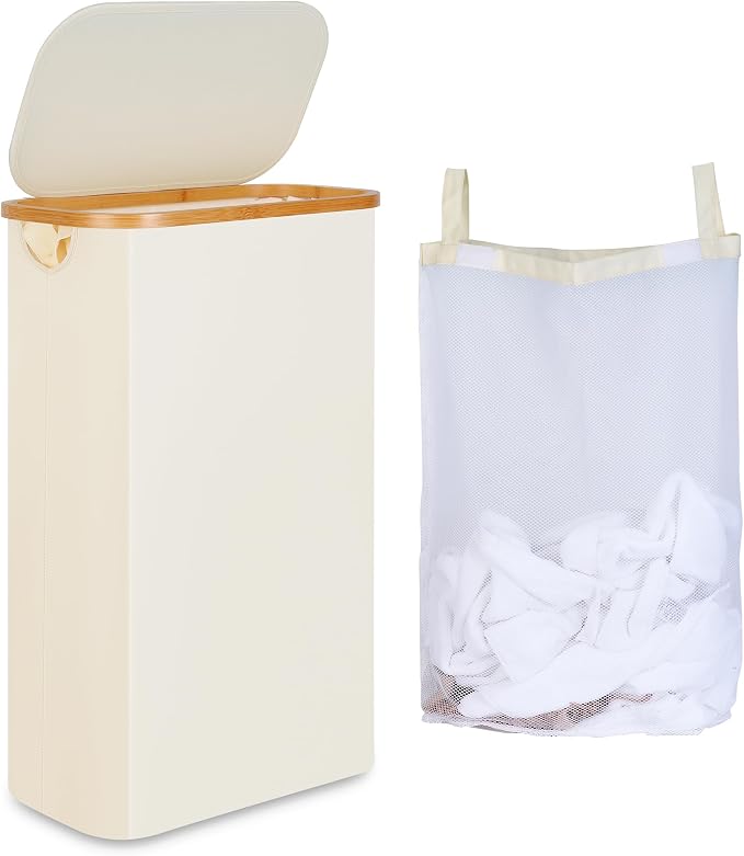 iEGrow 65L Slim Laundry Hamper, Narrow Laundry Basket with Lid,Foldable Clothes Hamper with Bamboo Handles,Hamper Basket with Removable Inner Bag for Laundry Room Bedroom College Dorm,17.17 Gals Beige by iEGrow
