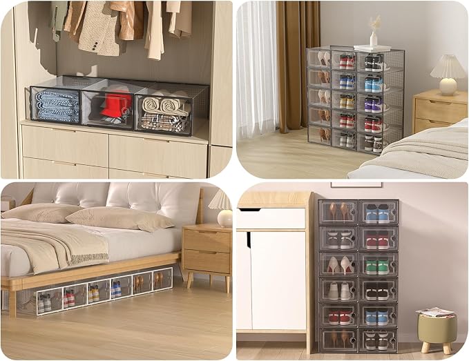 Kuject XX-Large Shoe Storage Boxes Organizers Clear Plastic Stackable 12 Pack, Shoe Rack & Holder Substitute, Sneaker Containers, Shoe Storage Organizer Bins for Closet, Under Bed,White(No Fold Line) - Image 8